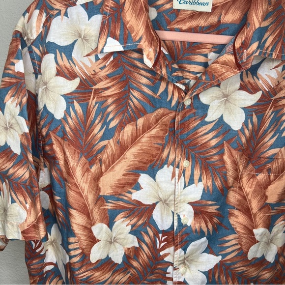 Caribbean Men's Button Down Linen Blend Short Sleeve Terra Cotta & Blue XLT - Picture 2 of 6